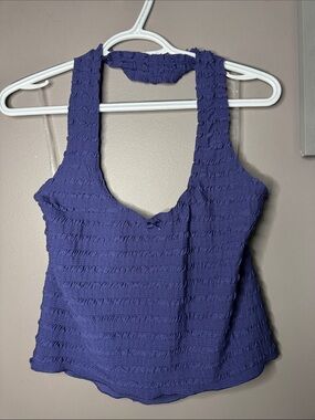 Women's Navy Textured Halter Crop Tank Top